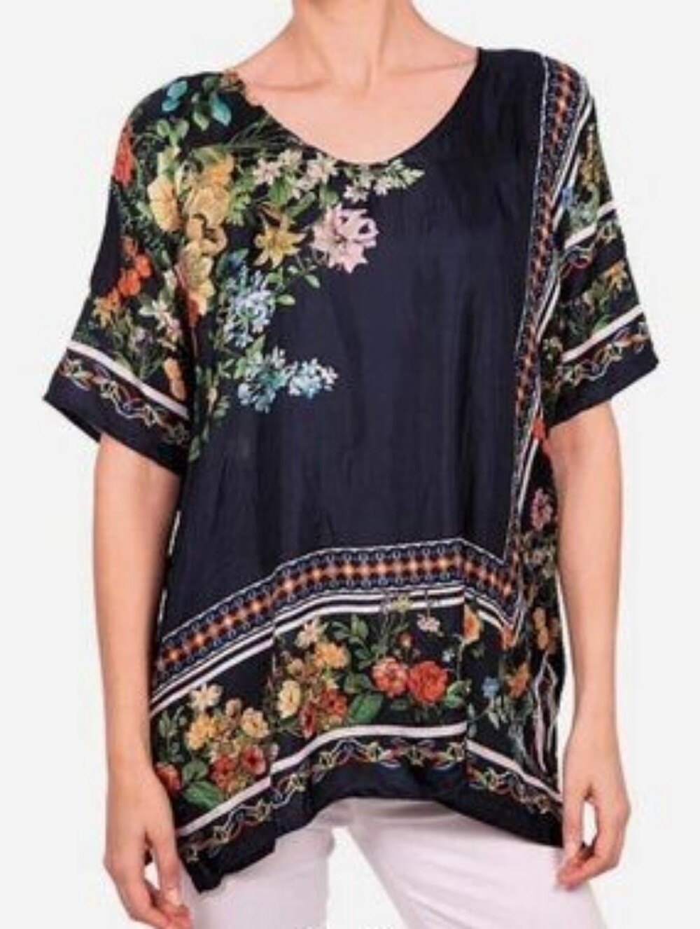 Johnny Was Navy Blue Mixed Floral Silk Blouse
